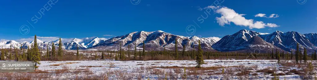 Panoramic view of the Alaska Range foothills in Broad Pass along the George Parks Highway, Southcentral Alaska, Spring