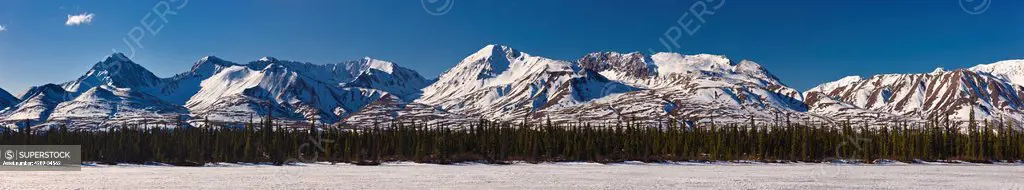 Panoramic view of the Alaska Range foothills at the start of the Denali Highway, Cantwell, Southcentral Alaska, Spring