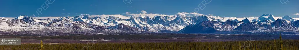 Panoramic view of the Alaska Range north of the Denali Highway near Cantwell, Southcentral Alaska, Spring