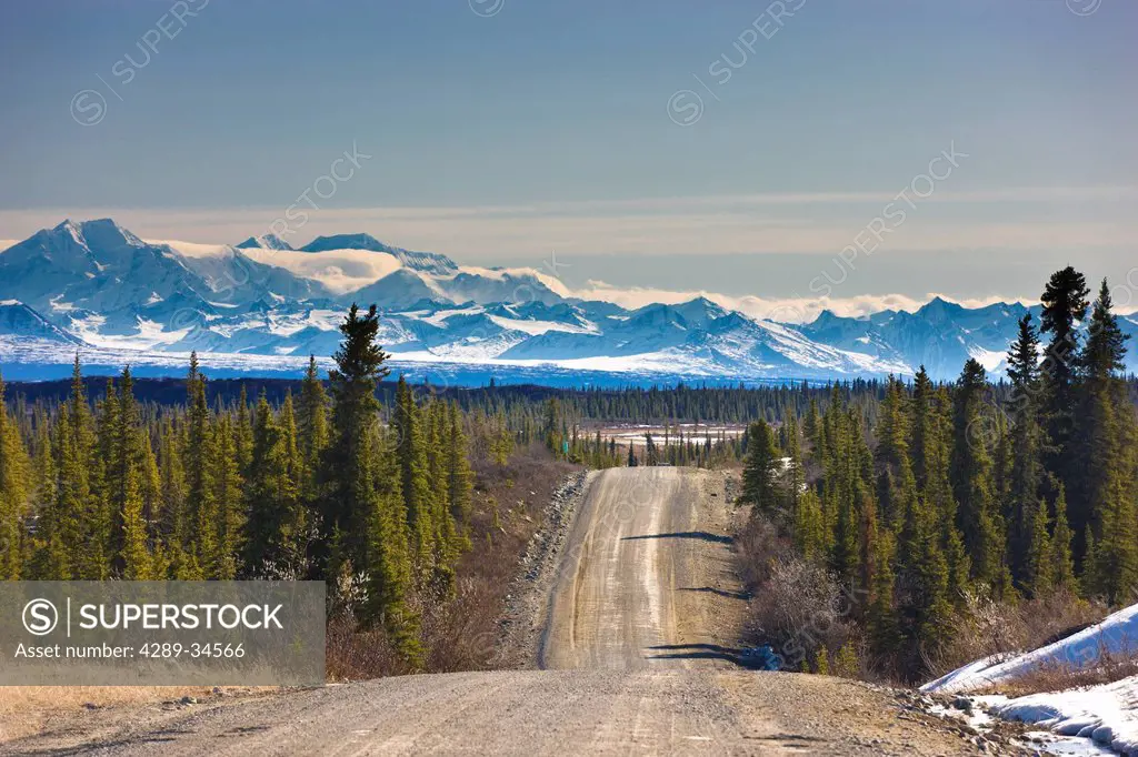 View of the Denali Highway looking east with the Alaska Range in the backgroundl, near Cantwell, Southcentral Alaska, Spring