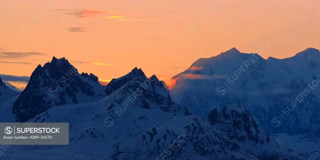 Sunset over the Tokosha Mountains and the Alaska Range in Denali State Park, Southcentral Alaska, Spring