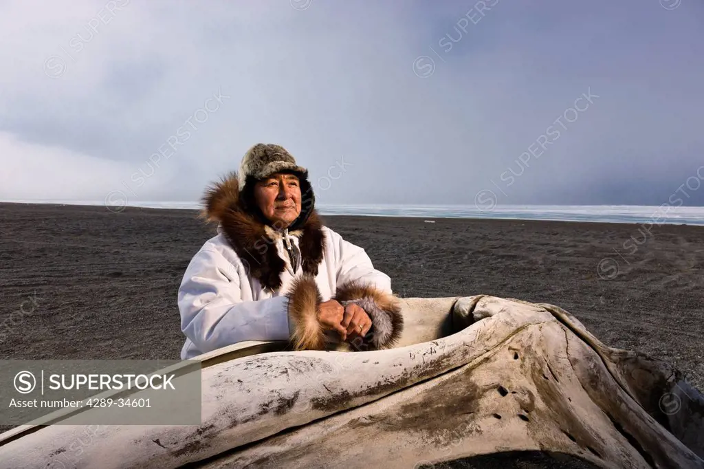 Male Inupiaq Eskimo hunter standing behind a Bowhead whalebone along the Chukchi Sea wearing his Eskimo parka Atigi, seal skin hat and wolf skin Makla...
