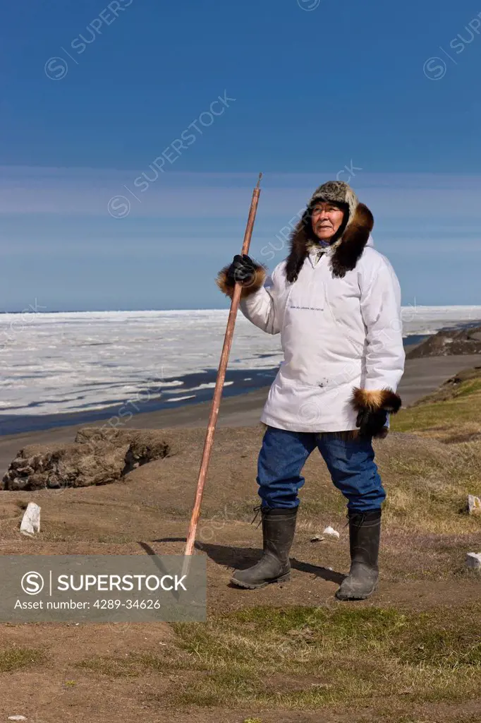 Portrait of a male Inupiaq Eskimo hunter wearing his Eskimo parka Atigi and seal skin hat and holding a walking stick at Old Utkeagvik original town s...