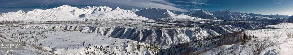 Panorama view of snowcovered Sheep Mountain Valley, Southcentral Alaska, Winter