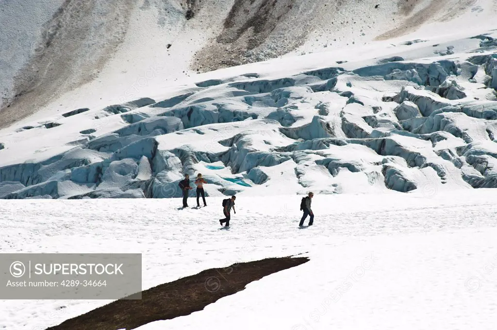 A group of hikers are hiking on the snow covered Harding Icefield Trail with Exit Glacier in the background, Kenai Fjord National Park, Kenai Peninsul...