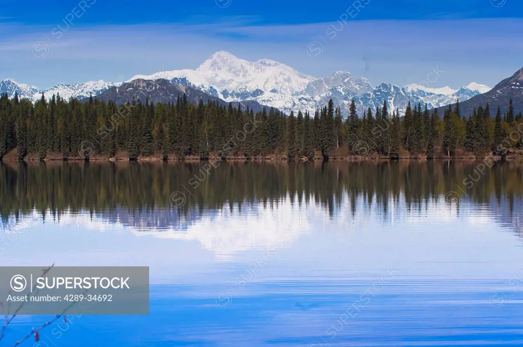 Scenic view of the south side of Mt. McKinley and Alaska Range with Byers Lake in the foreground, Southcentral Alaska, Spring