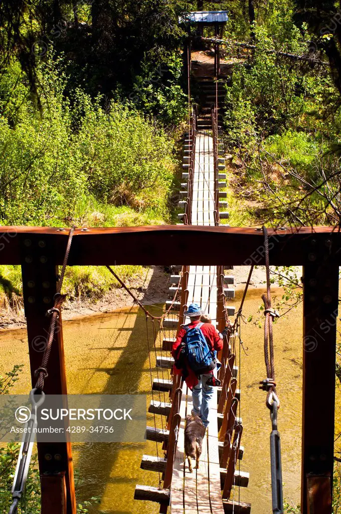 A father and son hiking across a suspension bridge that crosses Byers Creek on the Byers Lake Trail in Denali State Park, Southcentral Alaska, Summer