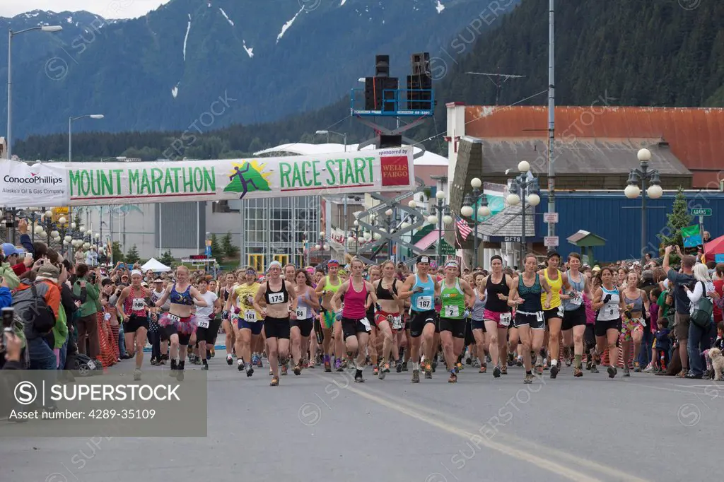 The start of the 2010 Womens Mt. Marathon Race in Seward on July 4th, Kenai Peninsula, Southcentral Alaska, Summer