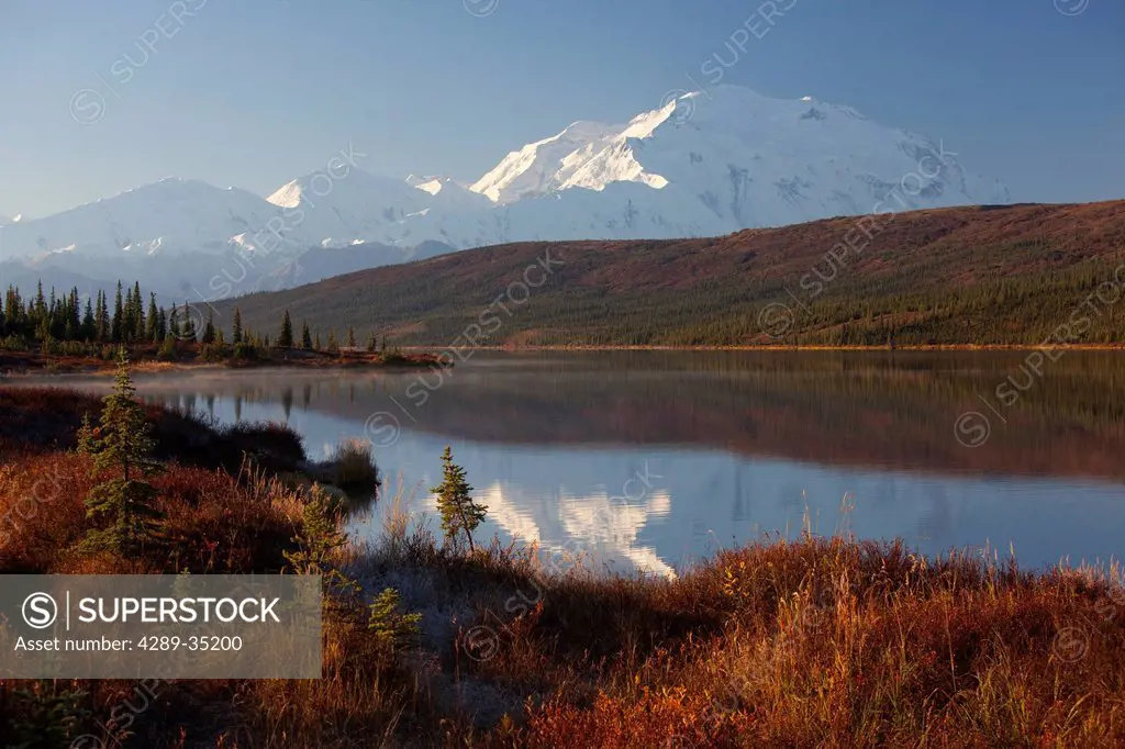 Scenic view of northside Mt. McKinley reflecting in Wonder Lake, Denali National Park and Preserve, Interior Alaska, Fall