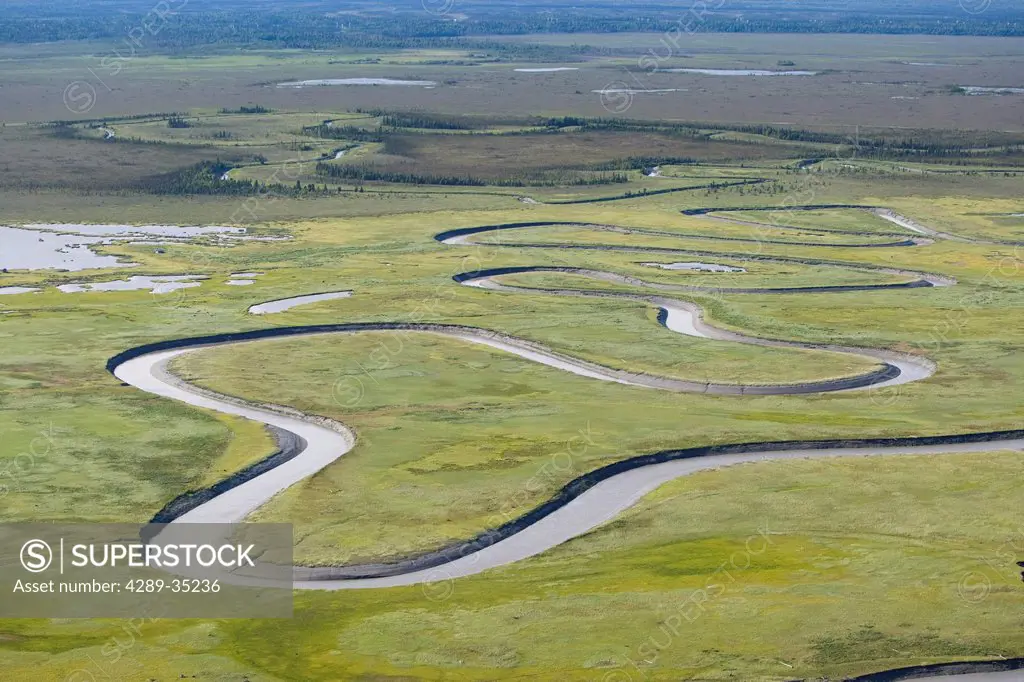 Aerial view of the Ivan River in the Susitna Flats State Game Refuge, Cook Inlet, Summer