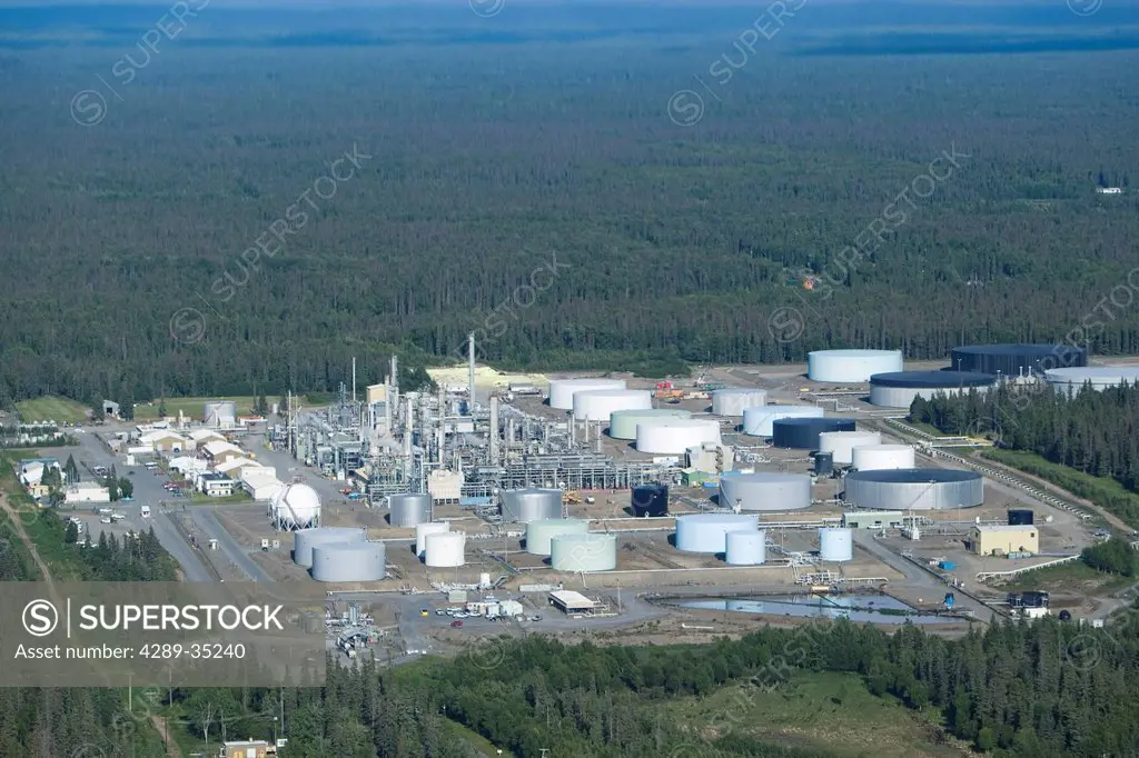 Aerial view of the Tesoro natural gas refinery in Nikiski, Kenai Peninsula, Southcentral Alaska, Summer