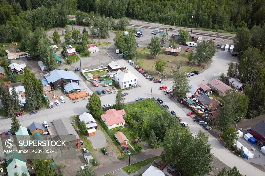 Aerial view of downtown Talkeetna, Southcentral Alaska, Summer