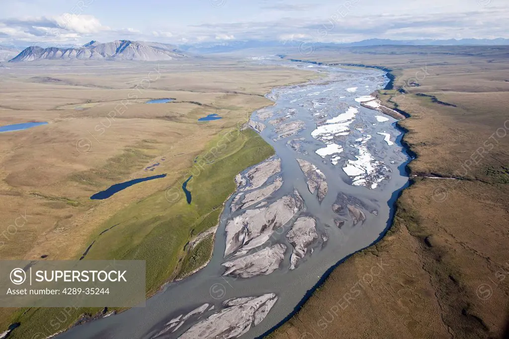 Aerial of the Canning River and the Shublik Mountains along the coastal plain, Arctic National Wildlife Refuge, Arctic Alaska, Summer