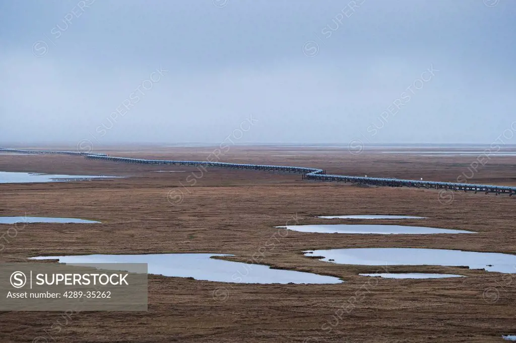 Aerial view of the Trans_Alaska Pipeline crossing the tundra of the coastal plain, Prudhoe Bay, Arctic Alaska, Summer