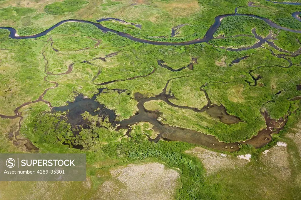 Aerial view of the Koktuli River near the proposed Pebble Mine in Bristol Bay area, Southwest Alaska, Summer