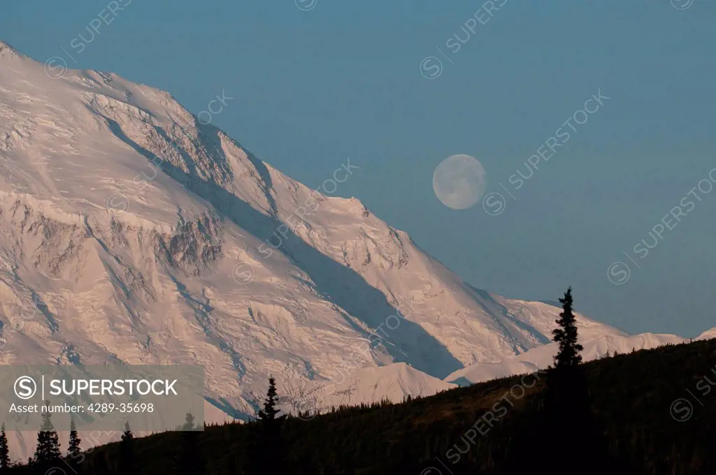 Moonrise over Mt. McKinley in Denali National Park & Preserve, Interior Alaska, Summer