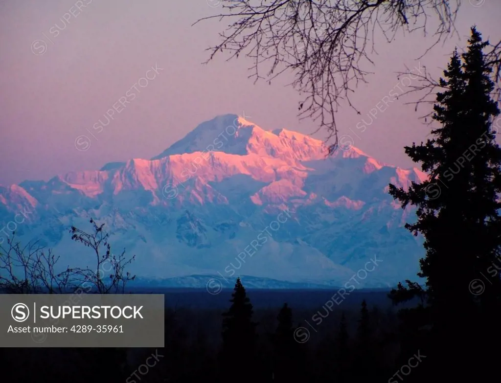 Scenic alpenglow view of Mt. McKinley at sunrise near Talkeetna, Southcentral Alaska, Winter