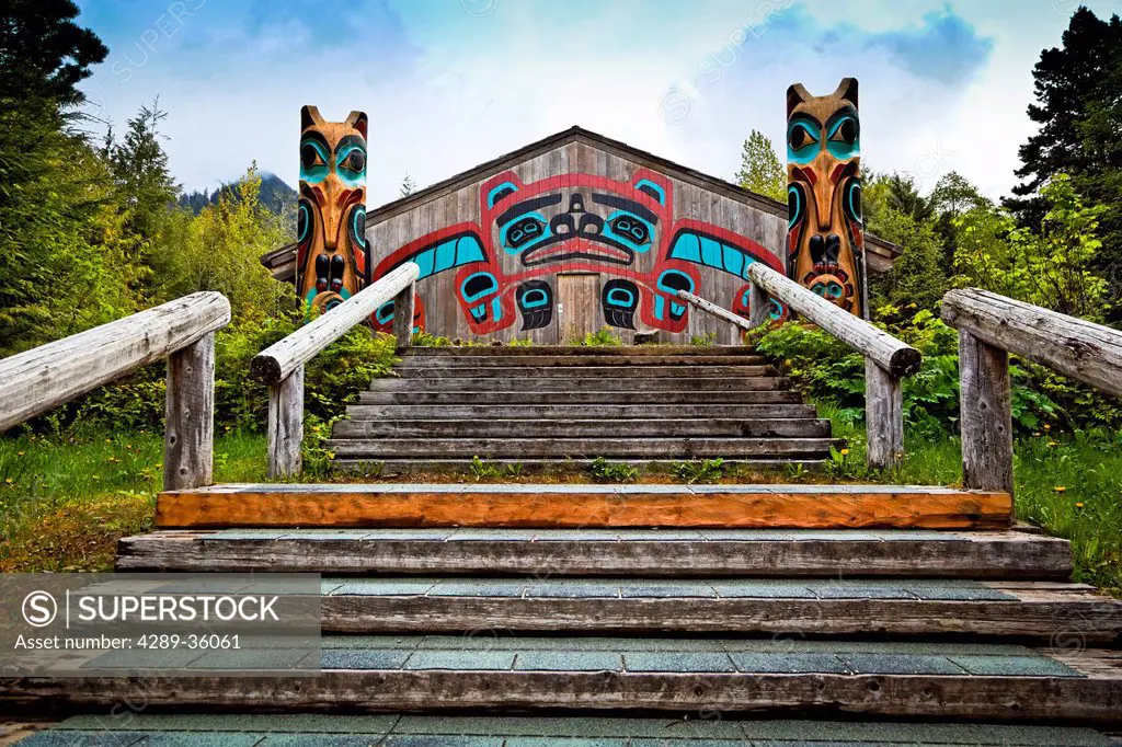 Steps leading up to Beaver House at Saxman Totem Park, Ketchikan, Southeast Alaska, Summer