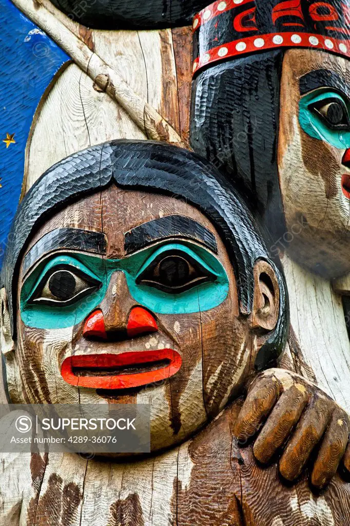 Close up of Totem Pole carved by Nathan Jackson at Heritage Center, Ketchikan, Southeast Alaska, Summer