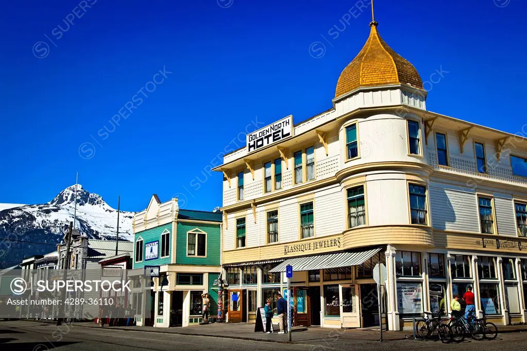 Tourists in downtown Skagway near the historic Golden North Hotel, Southeast Alaska, Summer
