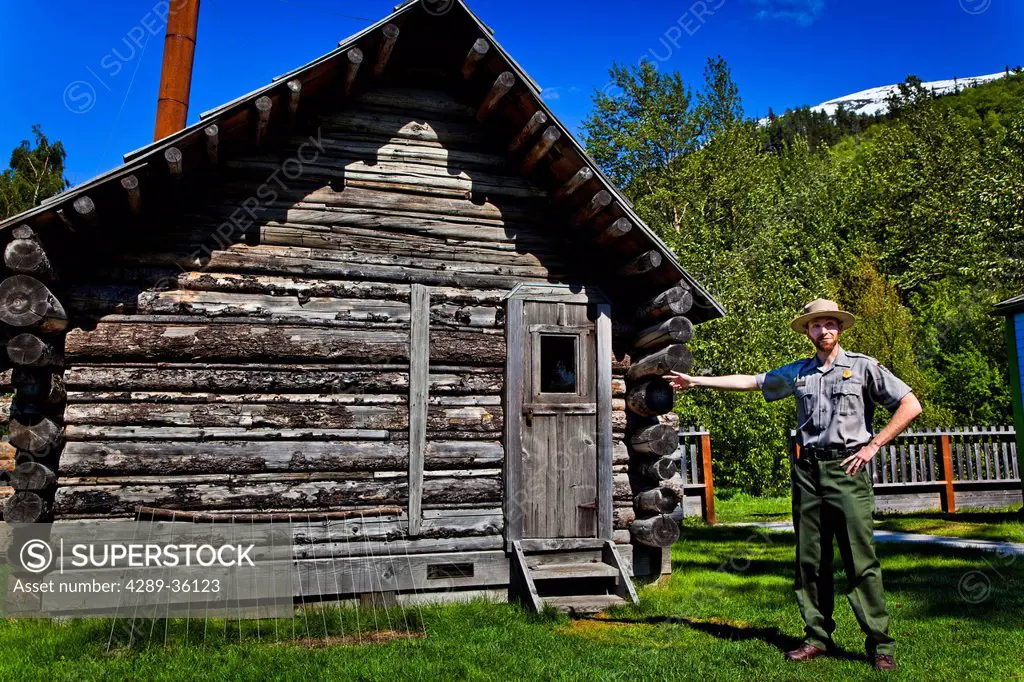 National Park Ranger guide at the Historic Moore Homestead, Klondike Gold Rush National Historical Park, Skagway, Southeast Alaska, Summer