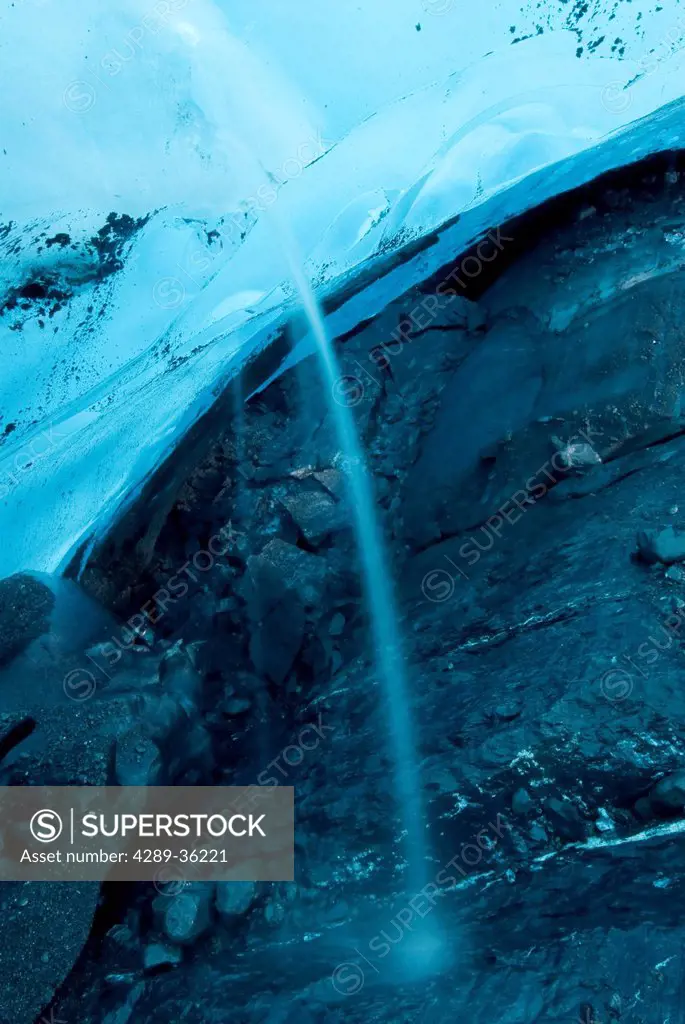 Close up view of melting ice water pouring from Colony Glacier, Southcentral Alaska, Fall