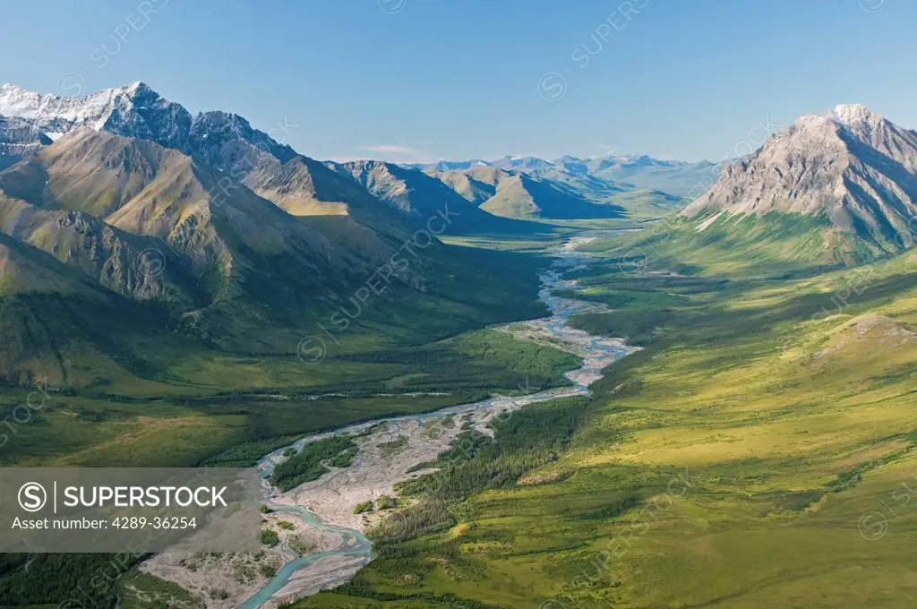Aerial scenic of Boreal Mountain and Frigid Crags flanking the North Fork of the Koyukuk River in the Brooks Range, Gates of the Arctic National Park ...