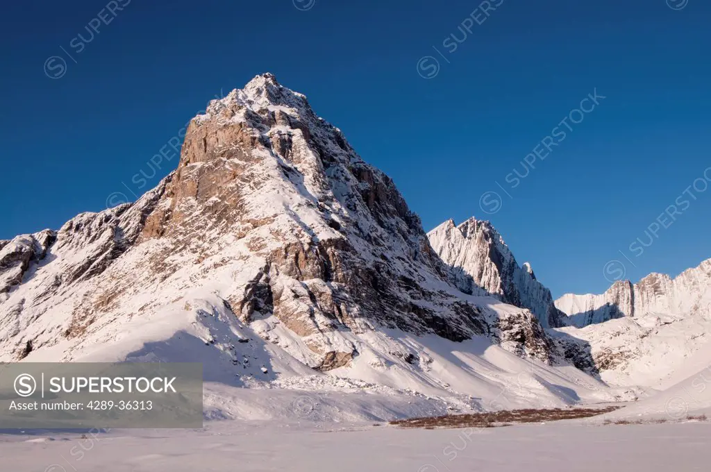 Morning view of mountains in the Itkillik Valley in Gates of the Arctic National Park & Preserve, Arctic Alaska, Winter