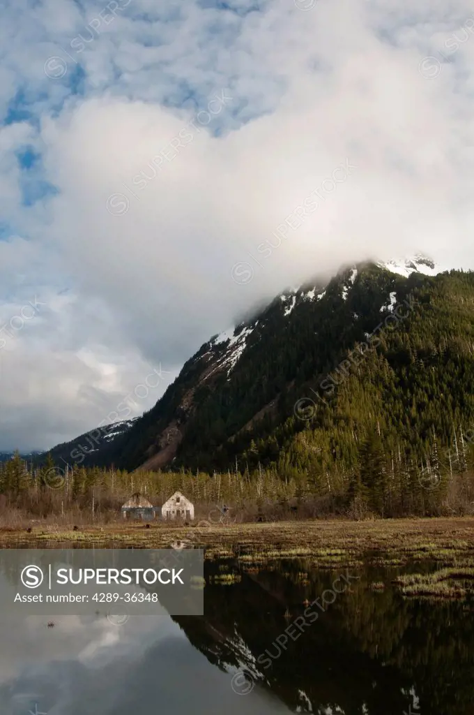 Old Eyak townsite with Chugach Mountains reflecting in a pond along the Copper River Highway, Chugach National Forest, Cordova, Southcentral Alaska, S...