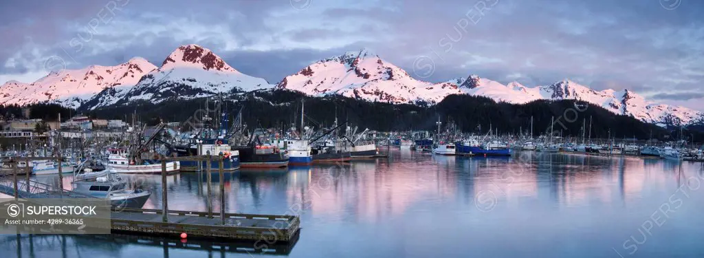 Evening alpenglow on the Chugach Mountains and Mt. Eyak behind the boat harbor at Cordova, Southcentral Alaska, Spring