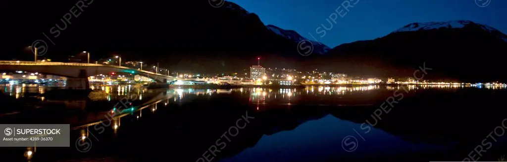 Nighttime view of downtown Juneau seen from Douglas Island, Inside Passage, Southeast Alaska, Summer