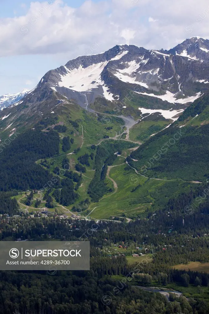 Aerial View Of Mount Alyeska And The Town Of Girdwood In Southcentral Alaska, Summer