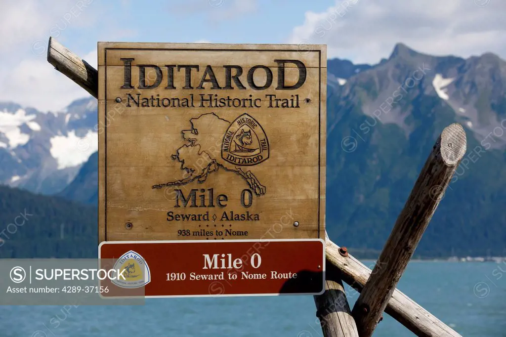 Close Up Of The Sign On The Shores Of Resurrection Bay, Alaska Marking Mile 0 Of The Iditarod National Historic Trail, Kenai Peninsula, Southcentral A...