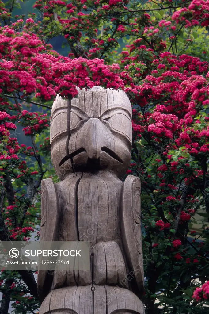 Totem Pole Surrounded By Flowers Juneau Southeast Ak Summer