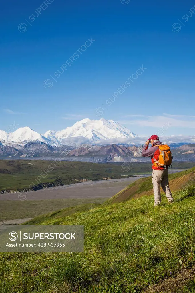 A Senior Male Hiker Stands On The Tundra On A Mountain Side With Mt. Mckinley And The Thorofare River In The Background In Denali National Park; Alask...