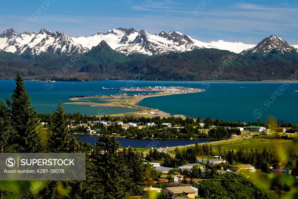Scenic view overlooking the town of homer the homer spit kachemak bay and the kenai mountains during summer; southcentral alaska
