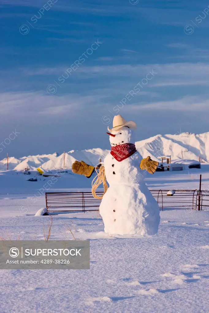 Snowman dressed up as a cowboy wearing a cowboy hat red bandana work gloves and rope standing in a field;Palmer alaska usa