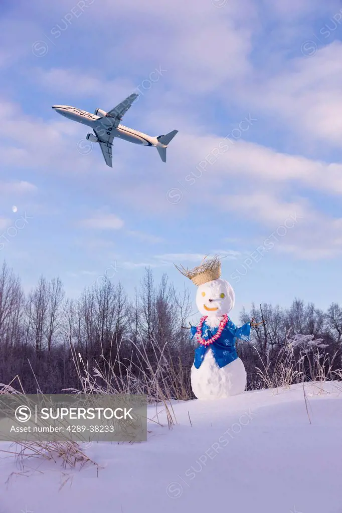 Composite: alaska airlines jet in the sky above a snowman wearing an hawaiian outfit ted stevens international airport;Anchorage alaska usa