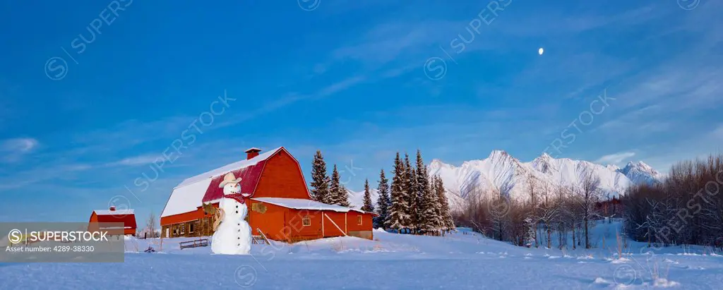 Snowman dressed up as a cowboy standing in front of a vintage red barn, Palmer, Southcentral Alaska, Winter