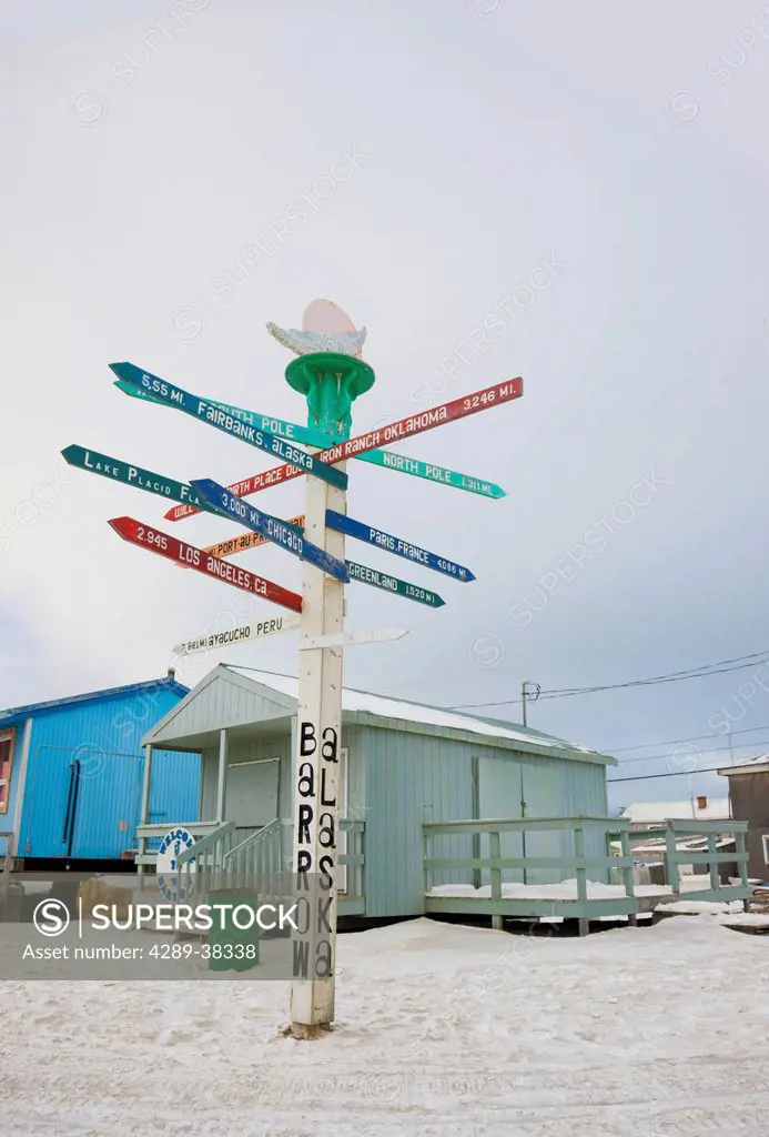 Mileage signpost next to the airport;Barrow alaska united states of america