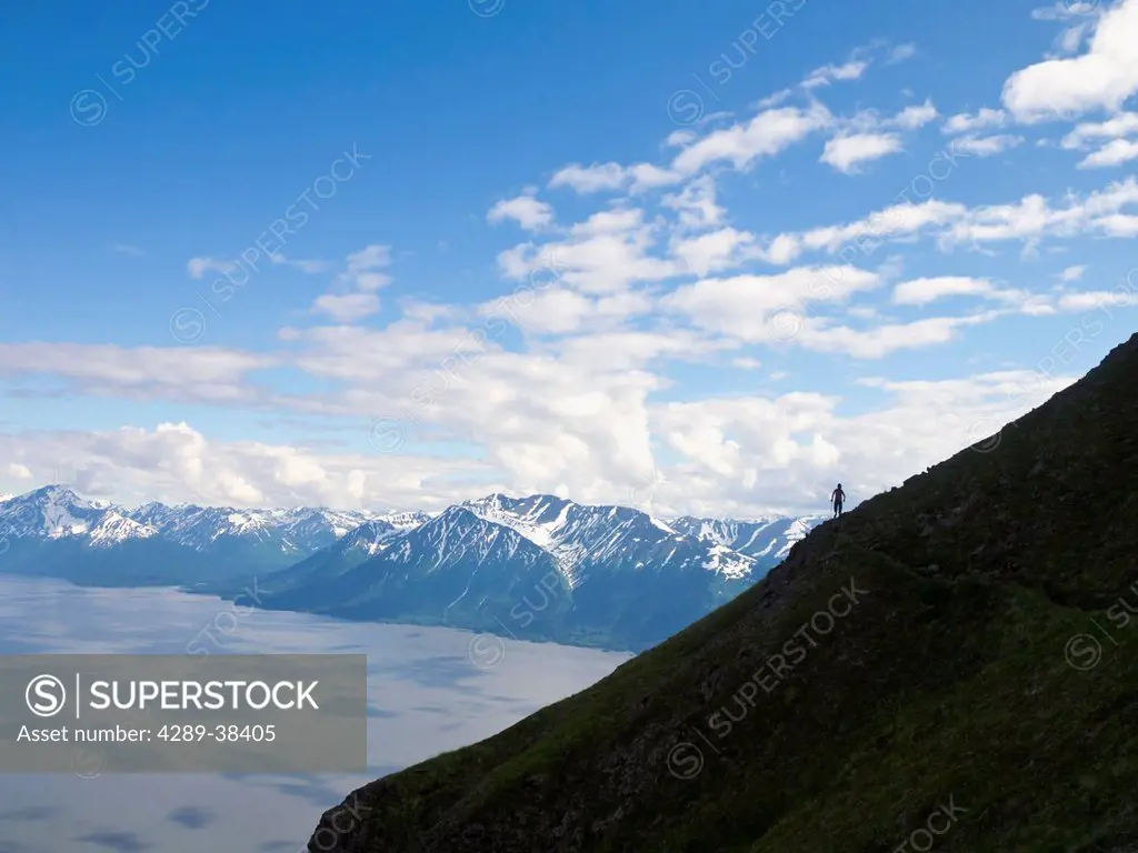 Mountain Hiking In The Chugach Front Range Mountains Above Falls Creek With The Kenai Mountains Beyond;Alaska United States Of America