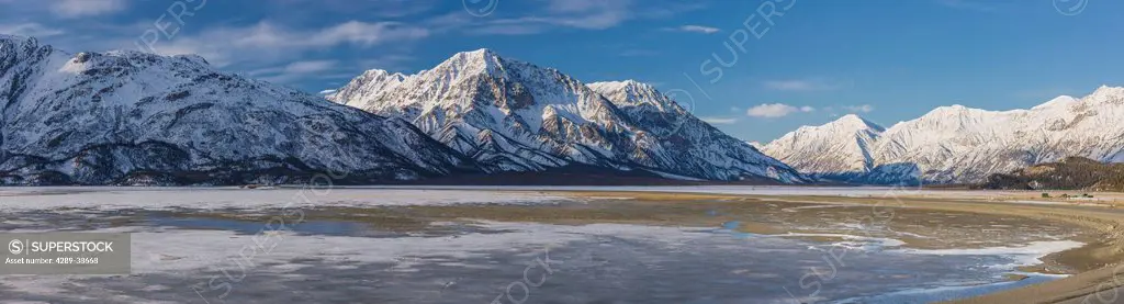 Panoramic of the Coastal Mountains and Kluane Lake along the Alcan Highway, early Spring, Yukon, Canada.