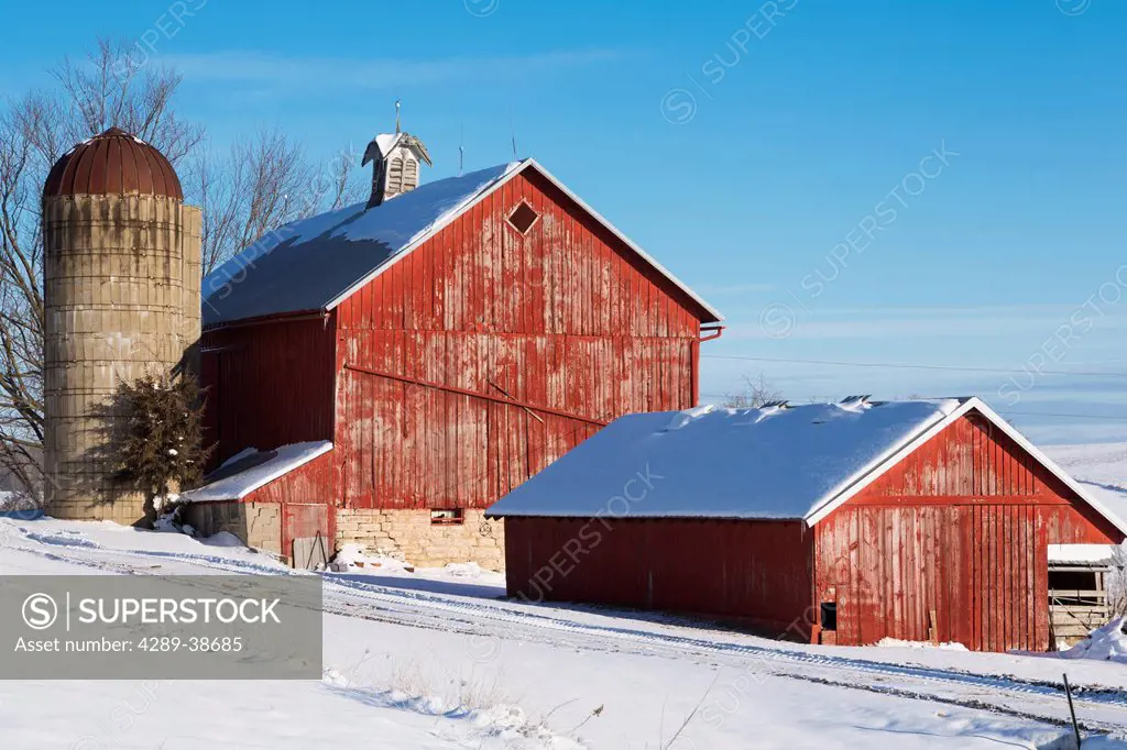 Red farm buildings after a fresh snowfall on a sunny day near Elkader in Northeast Iowa, Winter
