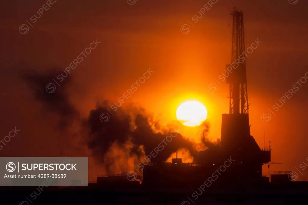 Doyon Drilling Rig at sunset in the Prudhoe Bay Oil Field, North Slope, Arctic Alaska, Winter