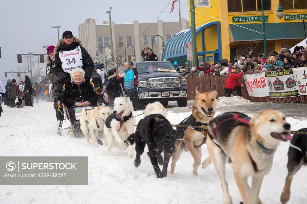 Justin Savidis and team leave the ceremonial start line at 4th Avenue and D street in downtown Anchorage during the 2013 Iditarod race.