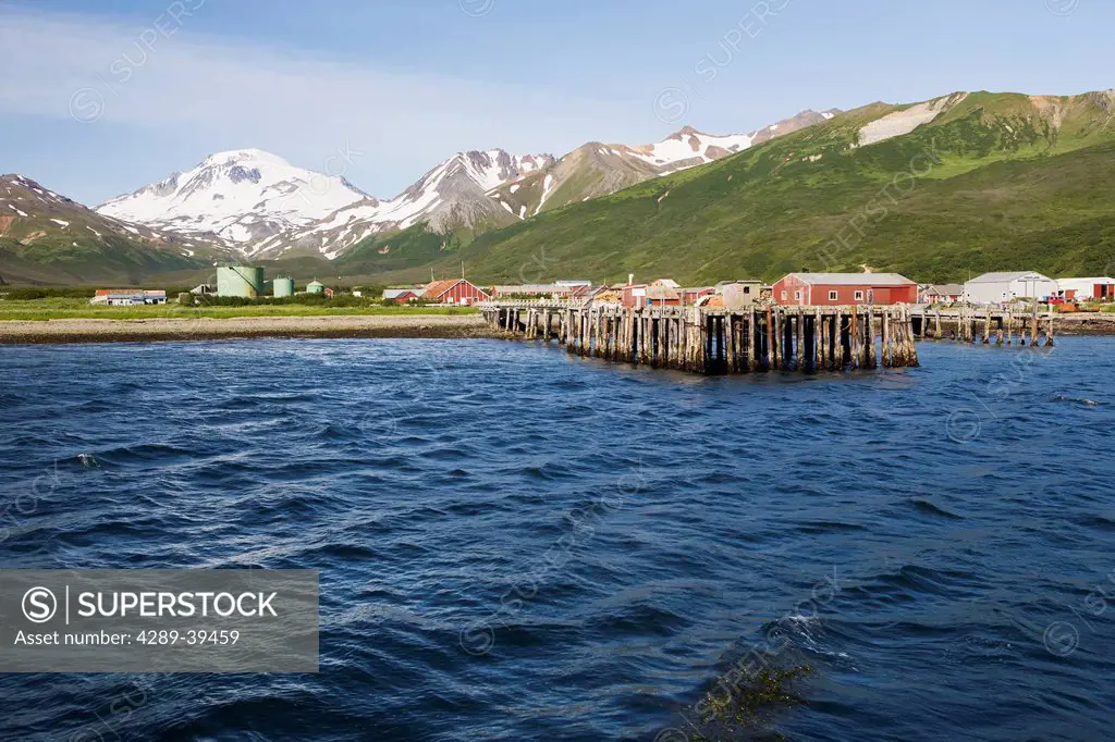 The town of False Pass on Unimak Island, the first of the Aleutian Island chain, Southwest Alaska, summer.