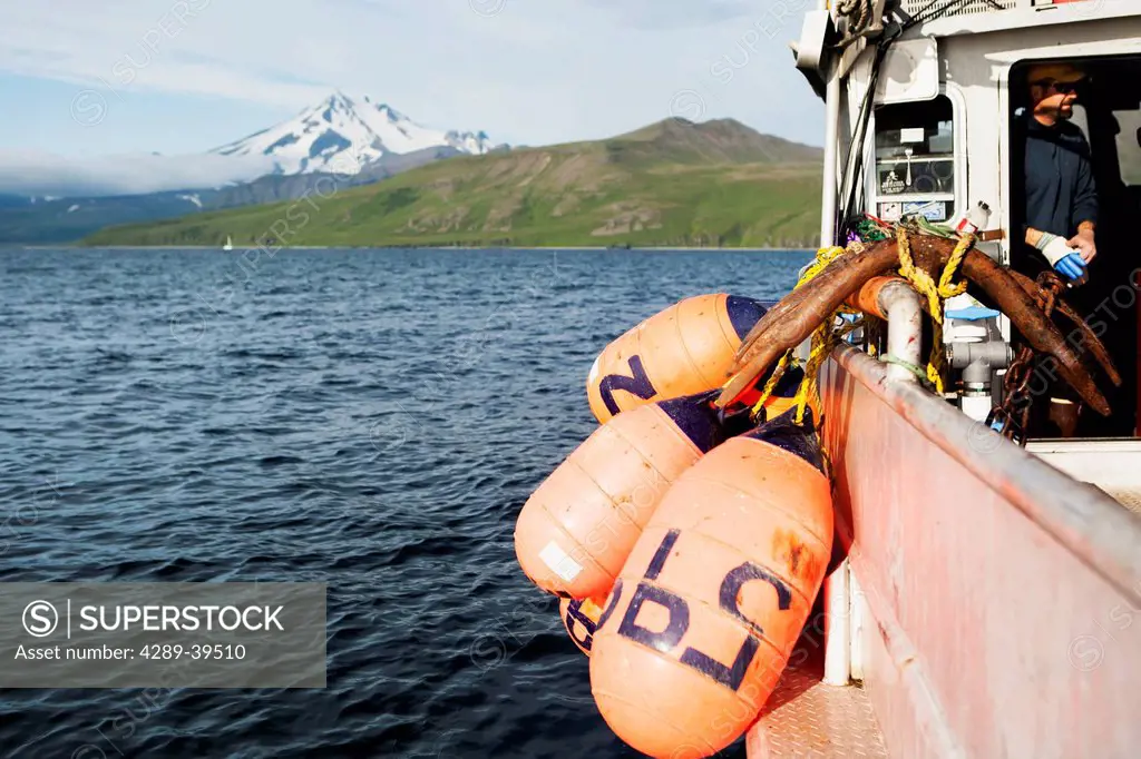 Anchors and buoys aboard a commerical halibut longlining boat fishing near False Pass in Morzhovoi Bay, Southwest Alaska, summer.
