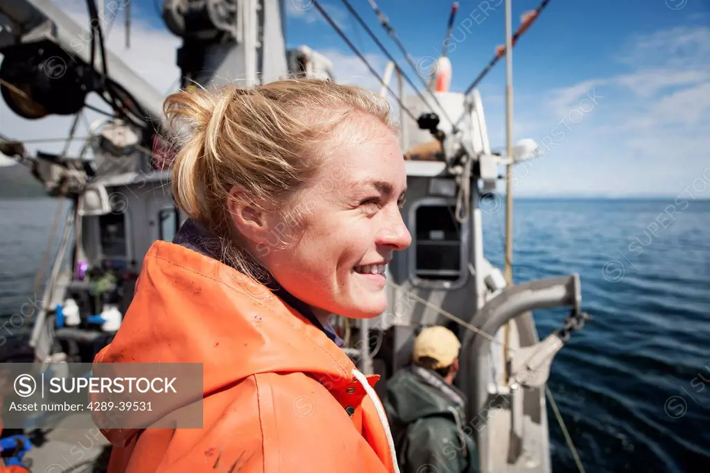 Emma Teal Laukitis commercial longline fishing for pacific halibut in Morzhovoi Bay, Southwest Alaska, summer.
