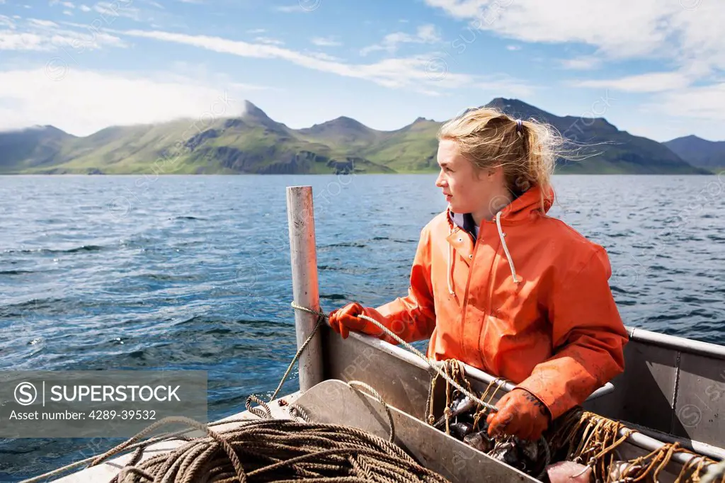 Emma Teal Laukitis commercial longline fishing for pacific halibut in Morzhovoi Bay, Southwest Alaska, summer.