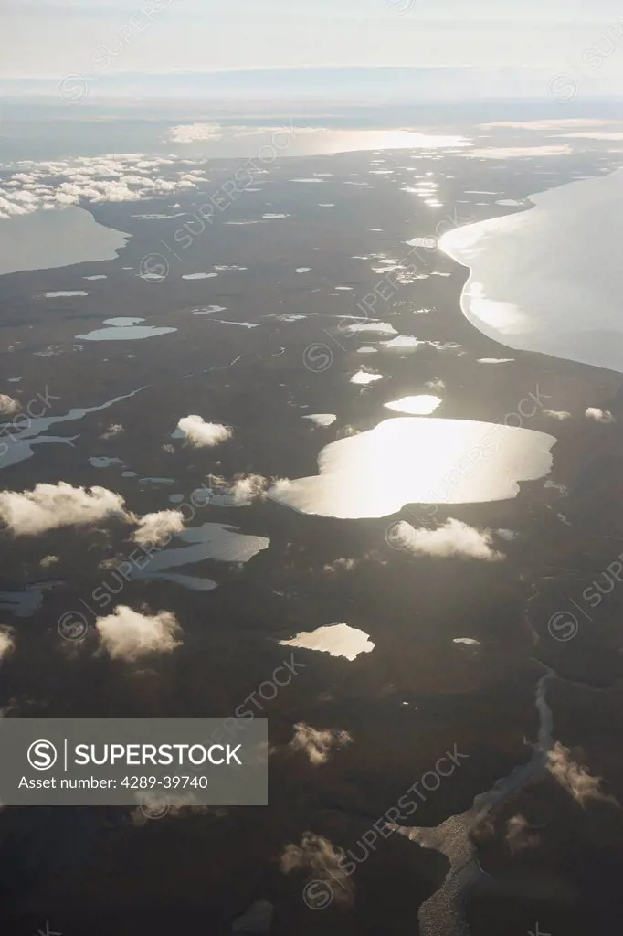 Aerial of the Baldwin Peninsula with Eschscholtz Bay to the left, Hotham Inlet to the right and Selawik lake in background, Arctic, Kotzebue Sound,Nor...